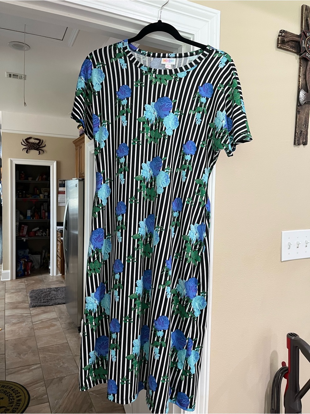 LuLaRoe Marly Black & White Stripe Midi Dress with Blue Floral Print